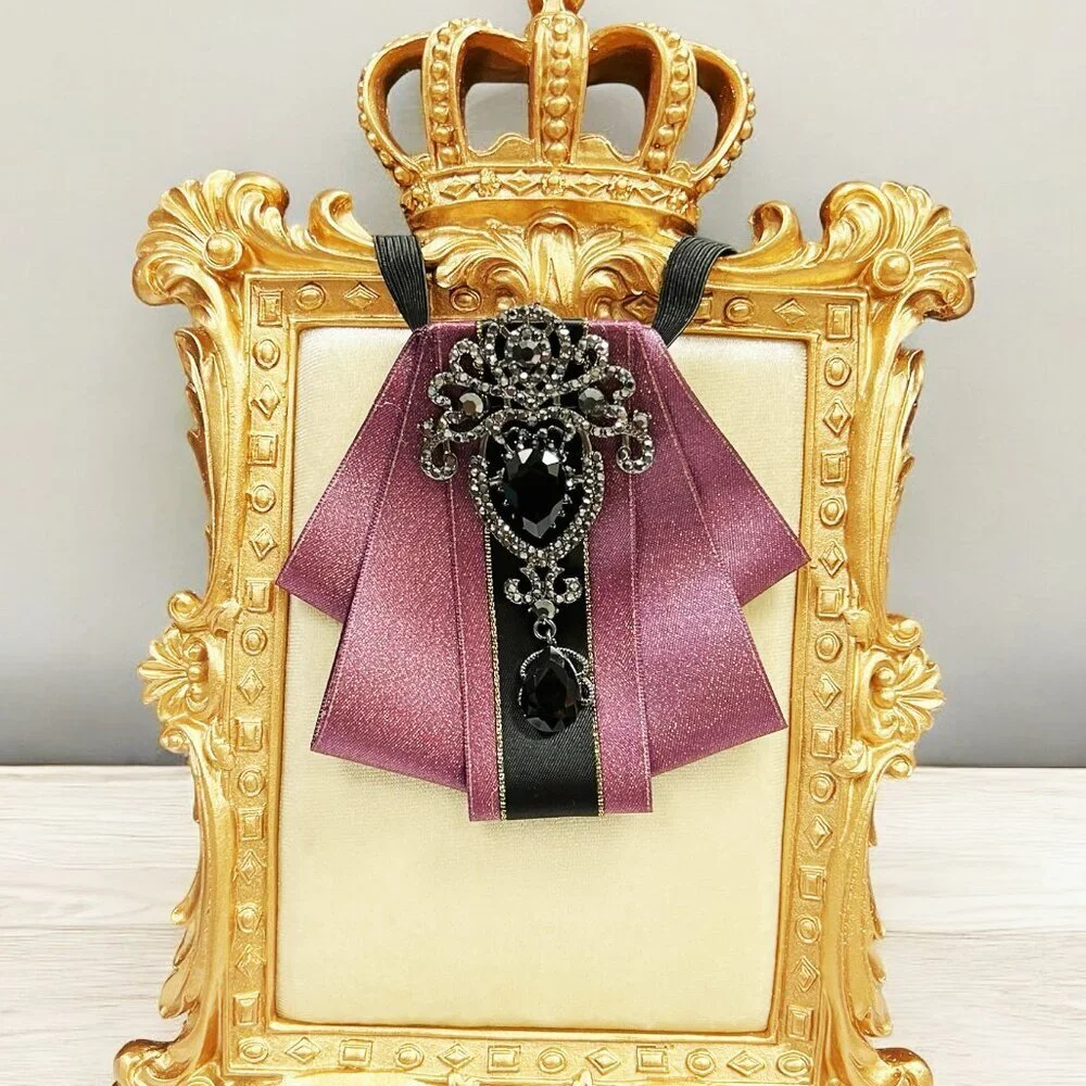 Purple crystal bowtie, Kid's Necktie, Black Crystal Brooch, Kids Size, 2 in 1